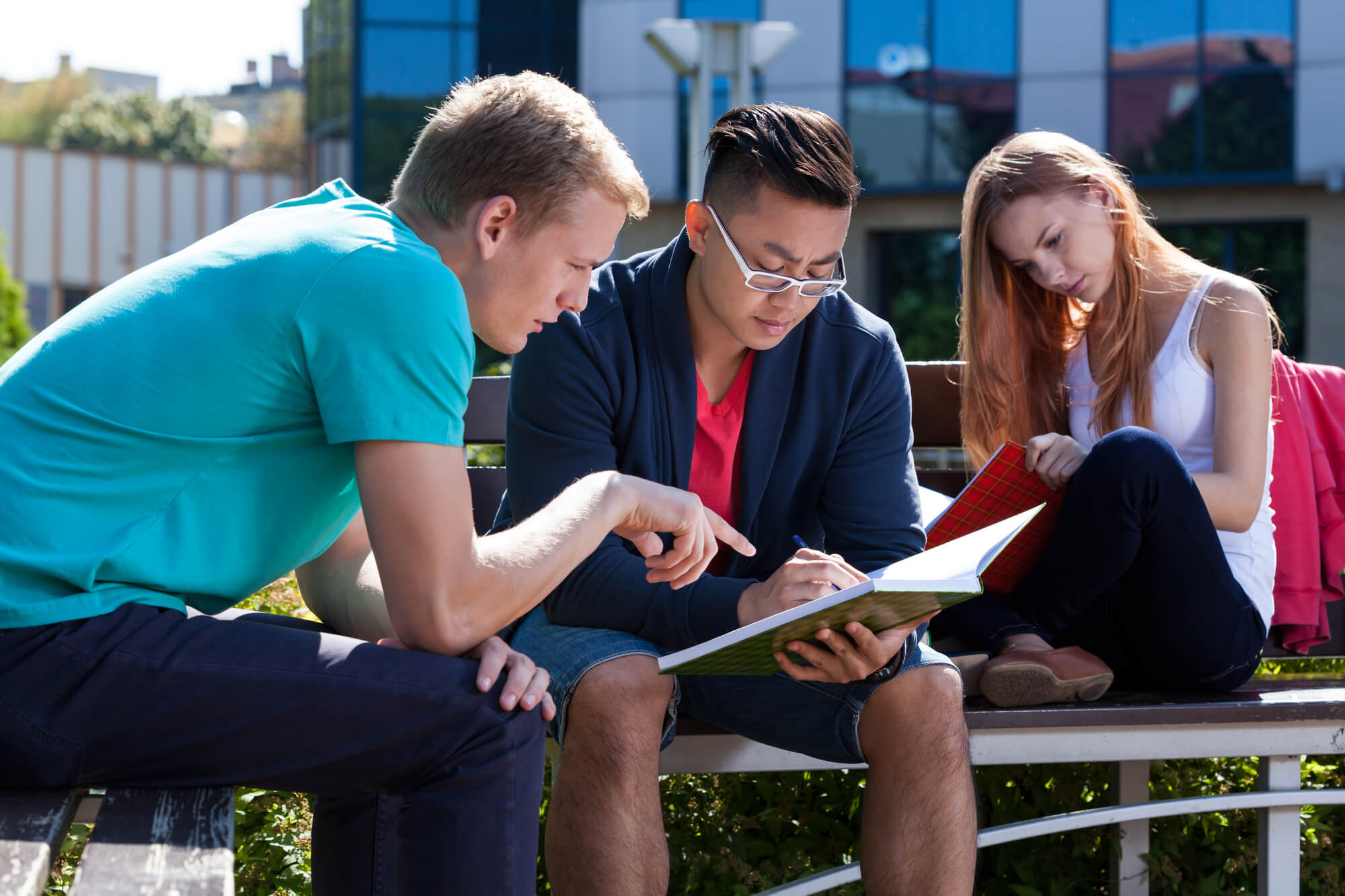 students sitting on bench studying